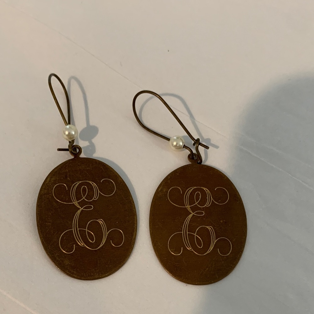Copper “ E” script engraved Monogram Earrings fish hook. Hand made